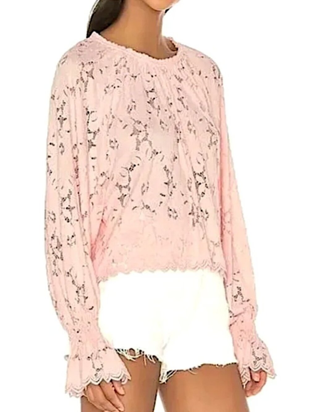 FREE PEOPLE Olivia Lace Top w/Dolman Balloon Poet Sleeves in Pink Blush - Size S